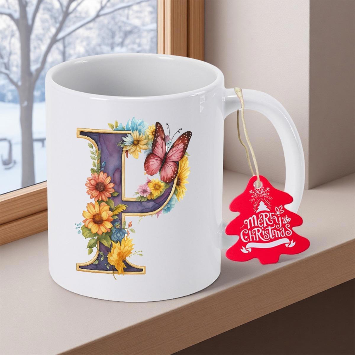 Tailorly White Ceramic 11 oz Mug - Merry Christmas P Elegant Monogram Adorned With Golden Sunflowers And Fluttering Pink Butterfly Letter