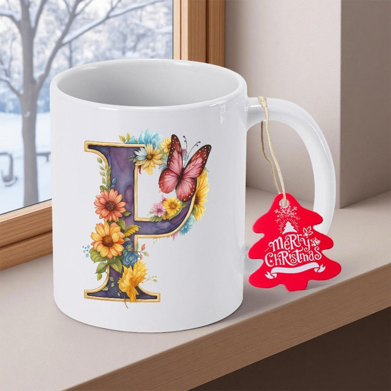 Tailorly White Ceramic 11 oz Mug - Merry Christmas P Elegant Monogram Adorned With Golden Sunflowers And Fluttering Pink Butterfly Letter