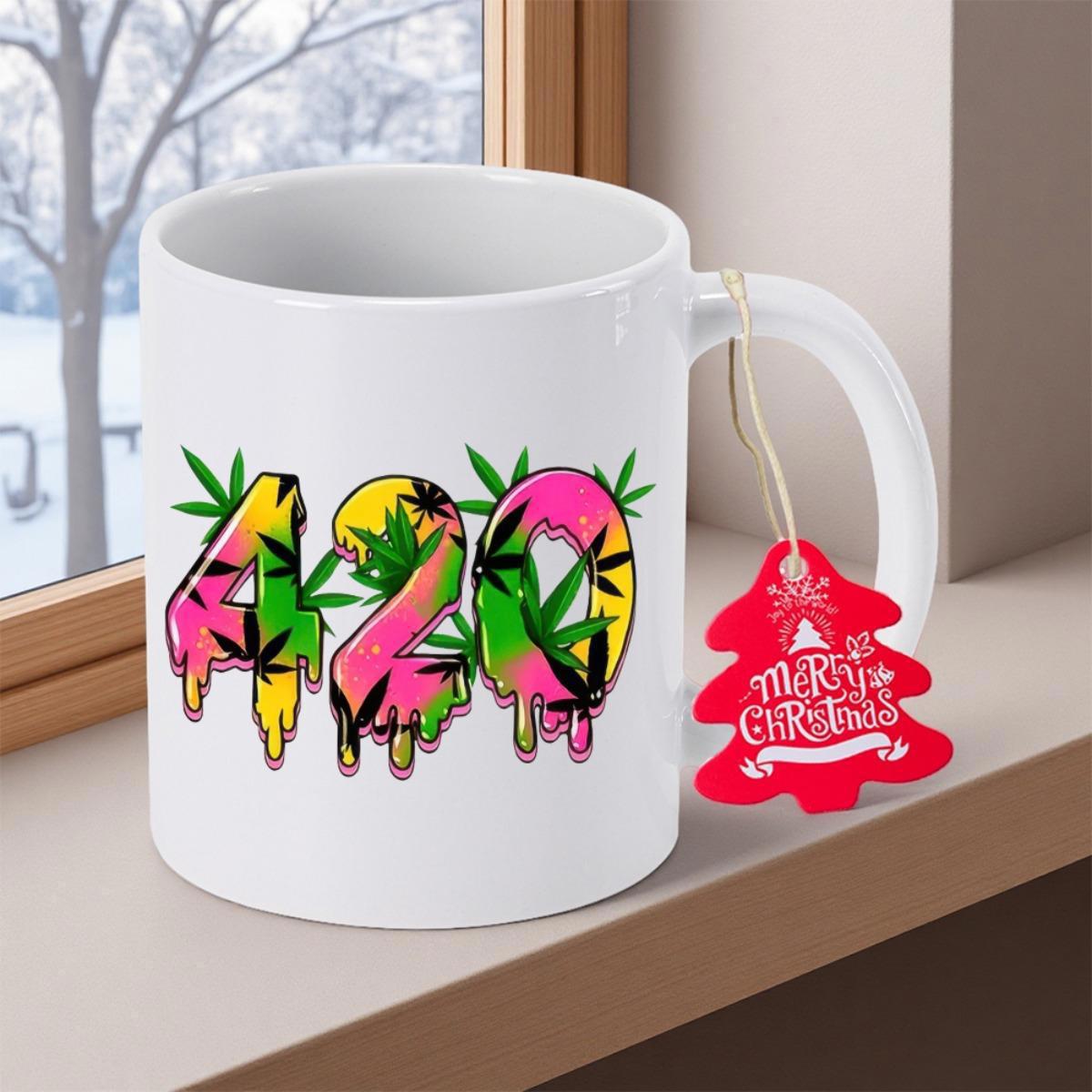 Tailorly White Ceramic 11 oz Mug - 420 Colorful Dripping Digits Surrounded By Green Marijuana Leaves On A Minimalist Mug