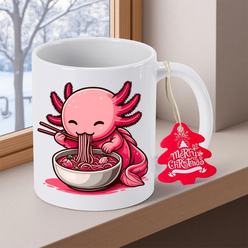Tailorly White Ceramic 11 oz Mug - Merry Christmas Cute Pink Cartoon Character Eating Hot Ramen Noodles In Bowl Axolotl