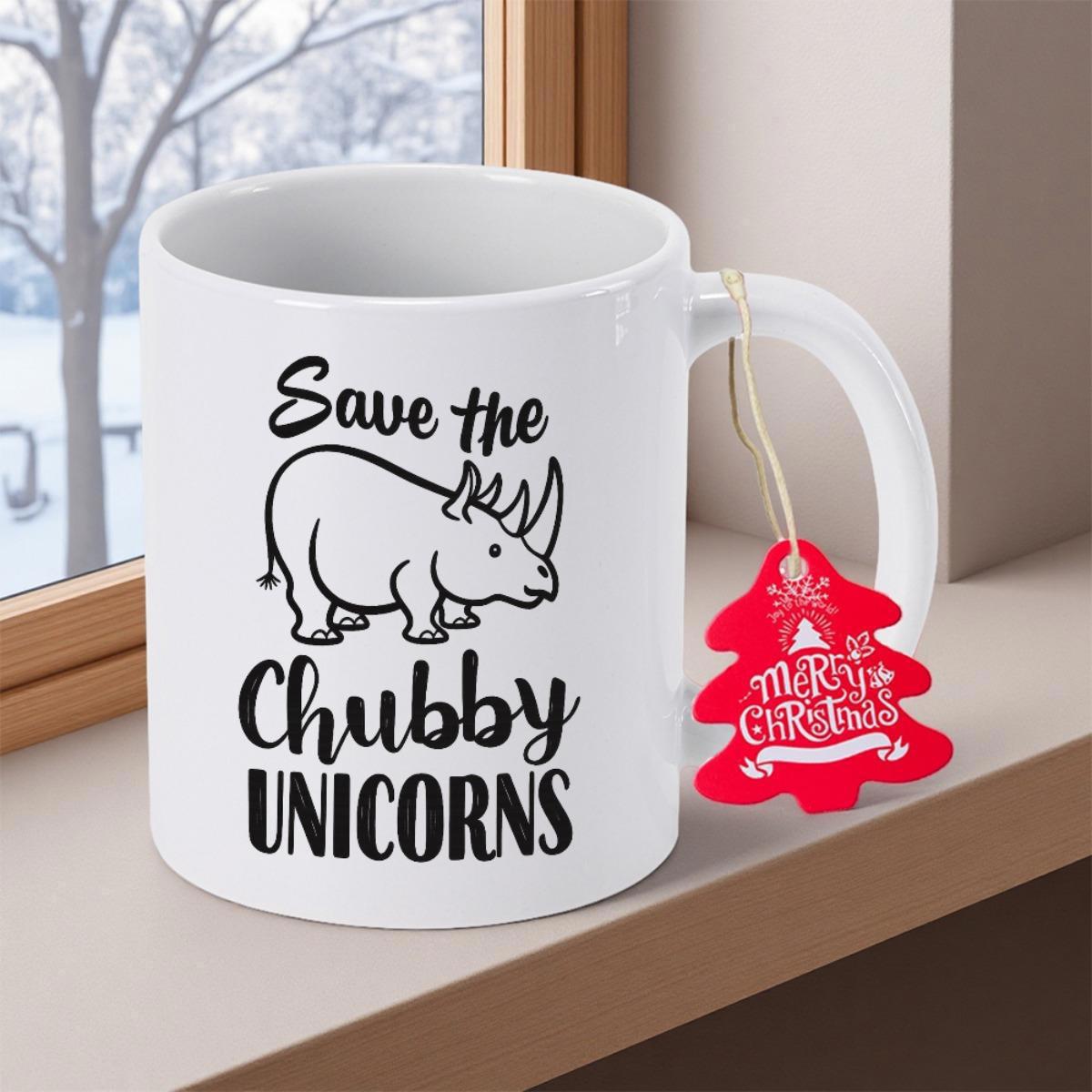Tailorly White Ceramic 11 oz Mug - Save The Chubby Unicorns Simple Black Line Art Drawing Of A Sturdy Wild African Rhinoceros