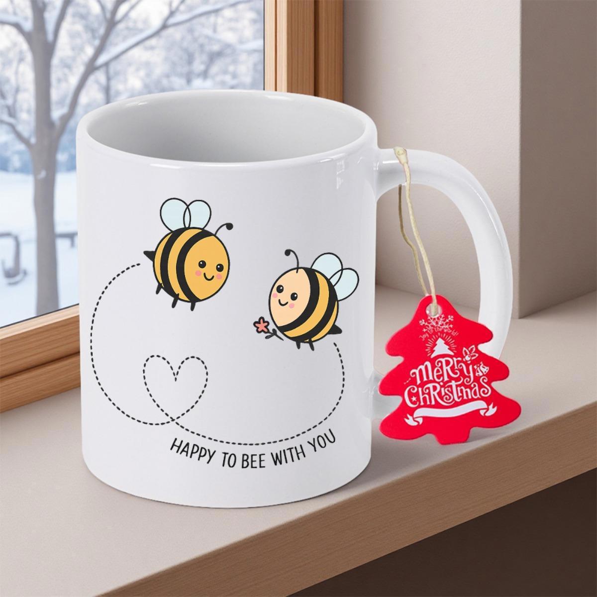 Tailorly White Ceramic 11 oz Mug - Happy To Bee With You Two Cute Bees Flying Along A Heart Shaped Dotted Trail Bee