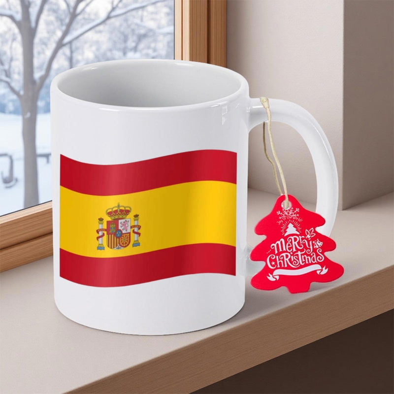 Tailorly White Ceramic 11 oz Mug - Merry Christmas Vibrant Waving Spanish National Flag With Royal Coat Of Arms Flag