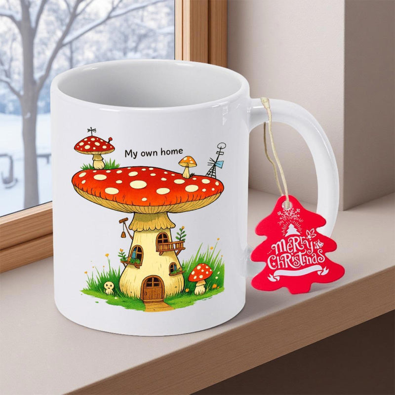 Tailorly White Ceramic 11 oz Mug - My Own Home Merry Christmas Whimsical Fairy Tale Tiny Home Resting Among Lush Green Grass Mushroom