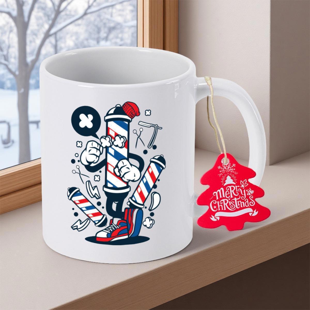 Tailorly White Ceramic 11 oz Mug - Merry Christmas Cartoon Style Barber Pole Character Wearing Sneakers Surrounded By Salon Tools Barber Pole