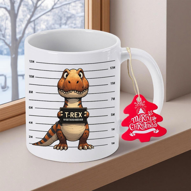 Tailorly White Ceramic 11 oz Mug - T Rex Playful Cartoon Prehistoric Creature Standing Against Prison Police Lineup Background Dinosaur