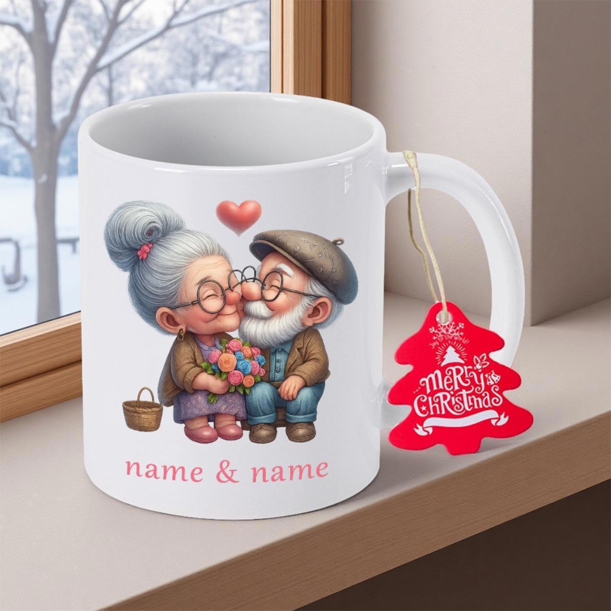 Tailorly White Ceramic 11 oz Mug - Merry Christmas Name Name Adorable Cartoon Elderly Sweethearts Holding Flowers Under A Floating Heart Couple