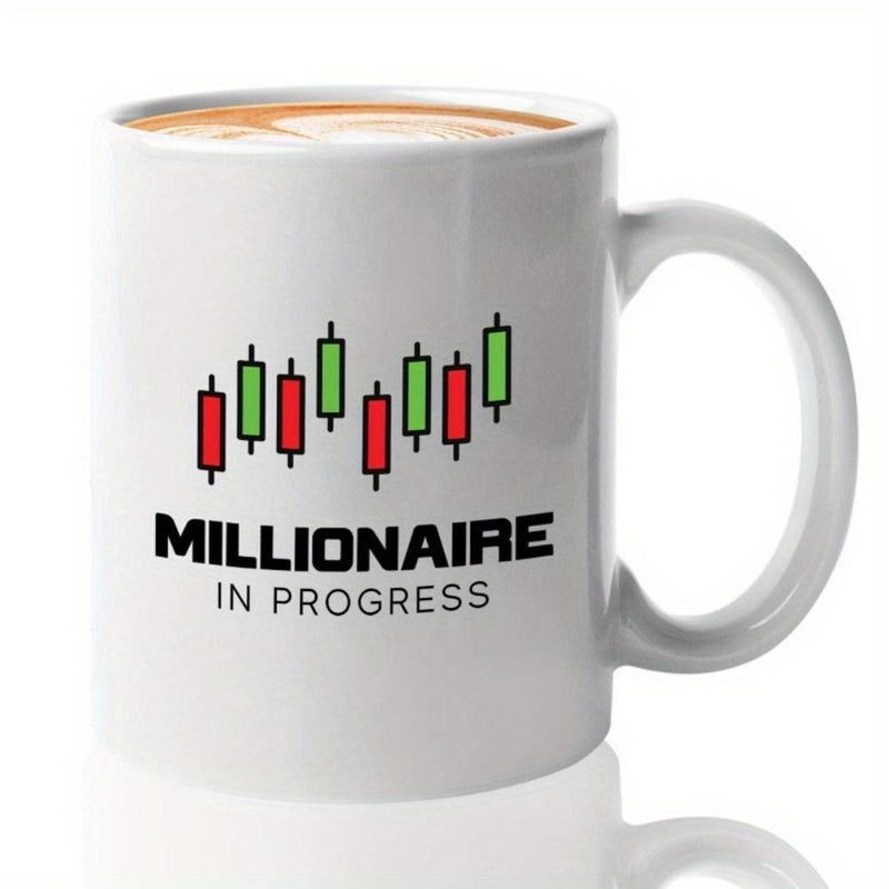 Tailorly White Ceramic 11 oz Mug - Millionaire In Progress Financial Market Trading Candlesticks Pattern Representing Growth And Success On Ceramic Mug