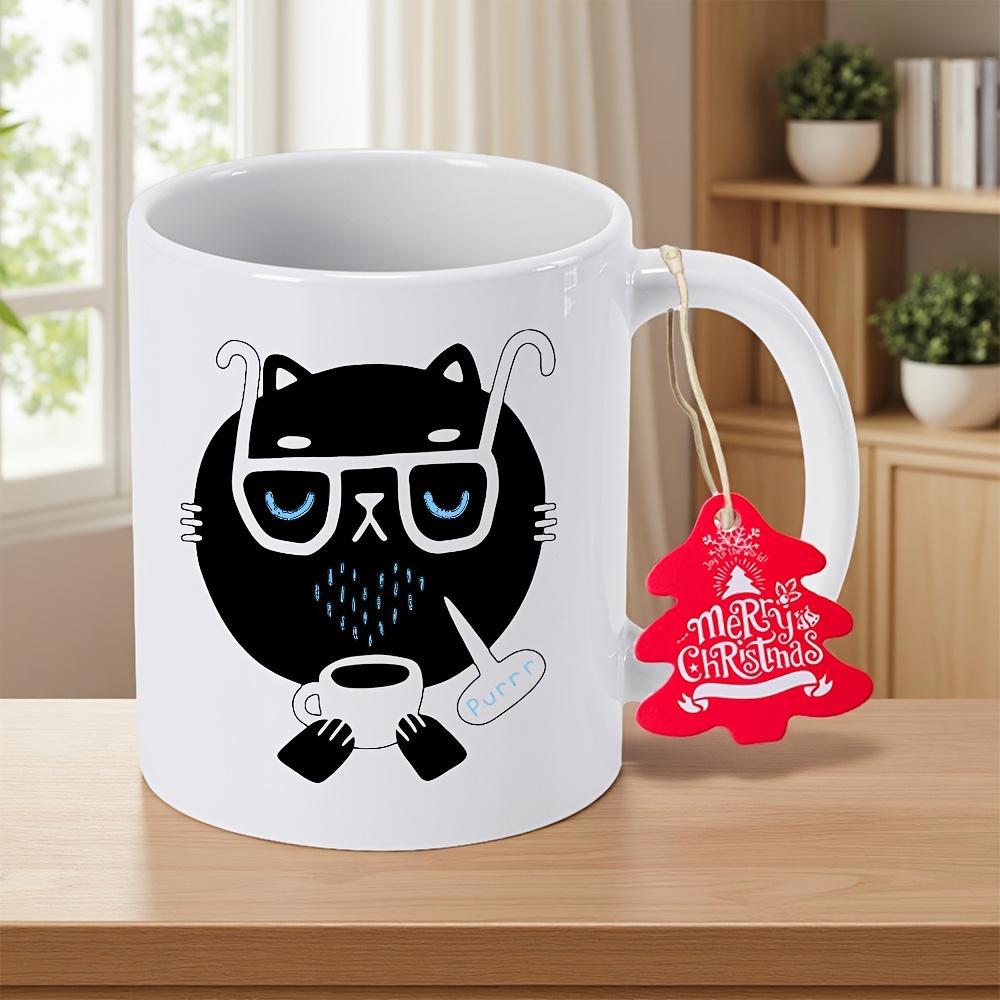 Tailorly White Ceramic 11 oz Mug - Merry Christmas Adorable Round Black Feline Wearing Glasses Holding Coffee Cup Cat