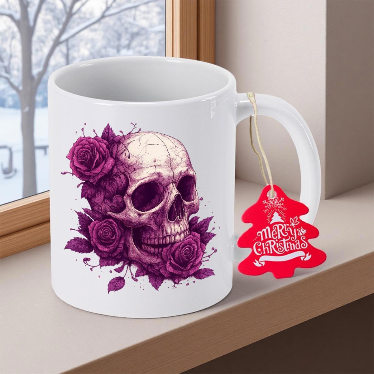 Tailorly White Ceramic 11 oz Mug - Merry Christmas Intricately Detailed Gothic Design With Purple Roses Decorating A Skull