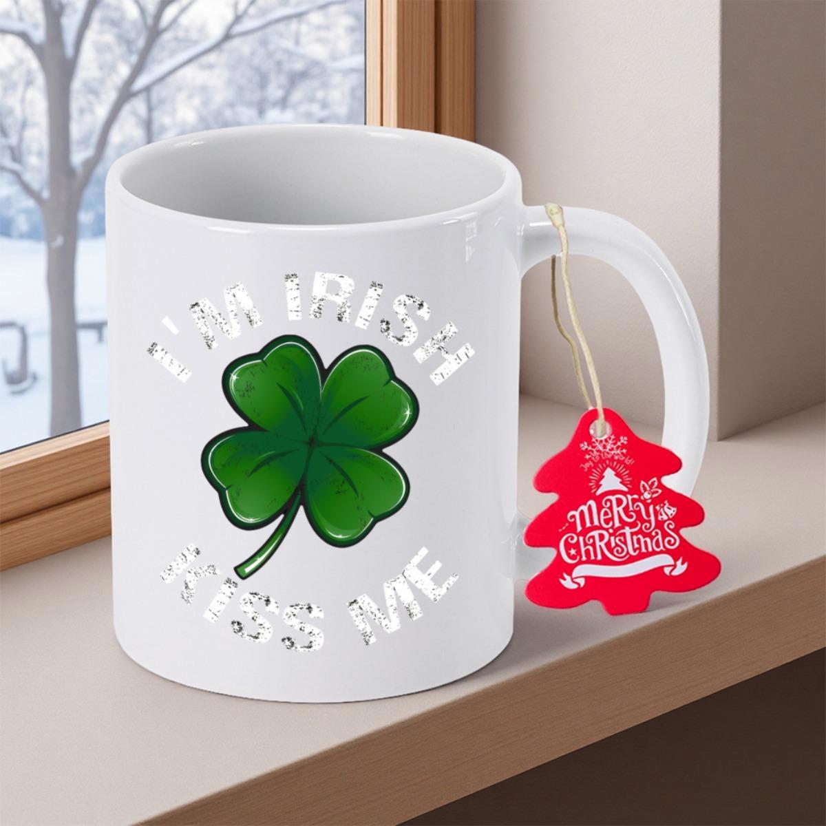 Tailorly White Ceramic 11 oz Mug - Im Irish Kiss Me Vibrant Green Four Leaf Clover Surrounded By Vintage Text Shamrock