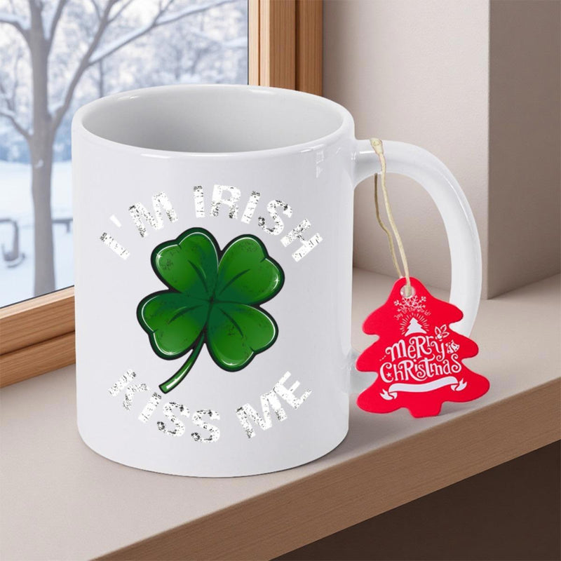 Tailorly White Ceramic 11 oz Mug - Im Irish Kiss Me Vibrant Green Four Leaf Clover Surrounded By Vintage Text Shamrock