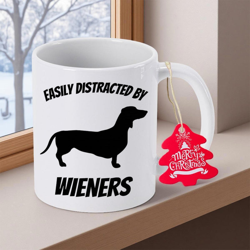 Tailorly White Ceramic 11 oz Mug - Easily Distracted By Wieners Sleek Black Silhouette Of A Long Dachshund Standing In Minimalist Profile Dog