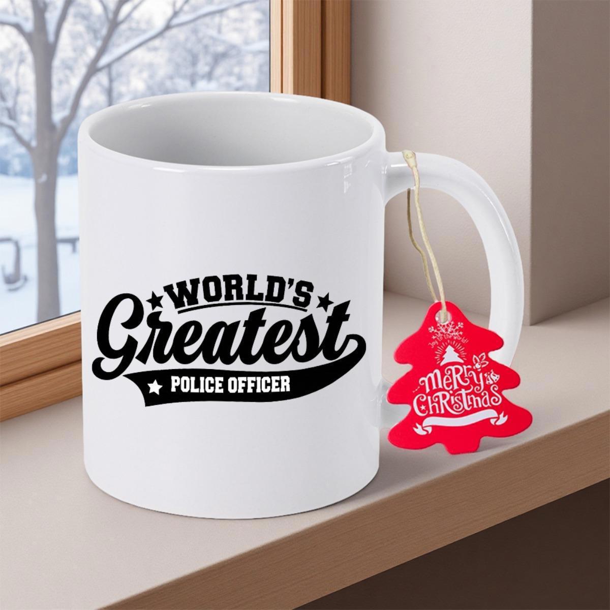 Tailorly White Ceramic 11 oz Mug - Worlds Greatest Police Officer Elegant Black Typography Featuring Decorative Stars And A Bold Classic Curved Banner Sign