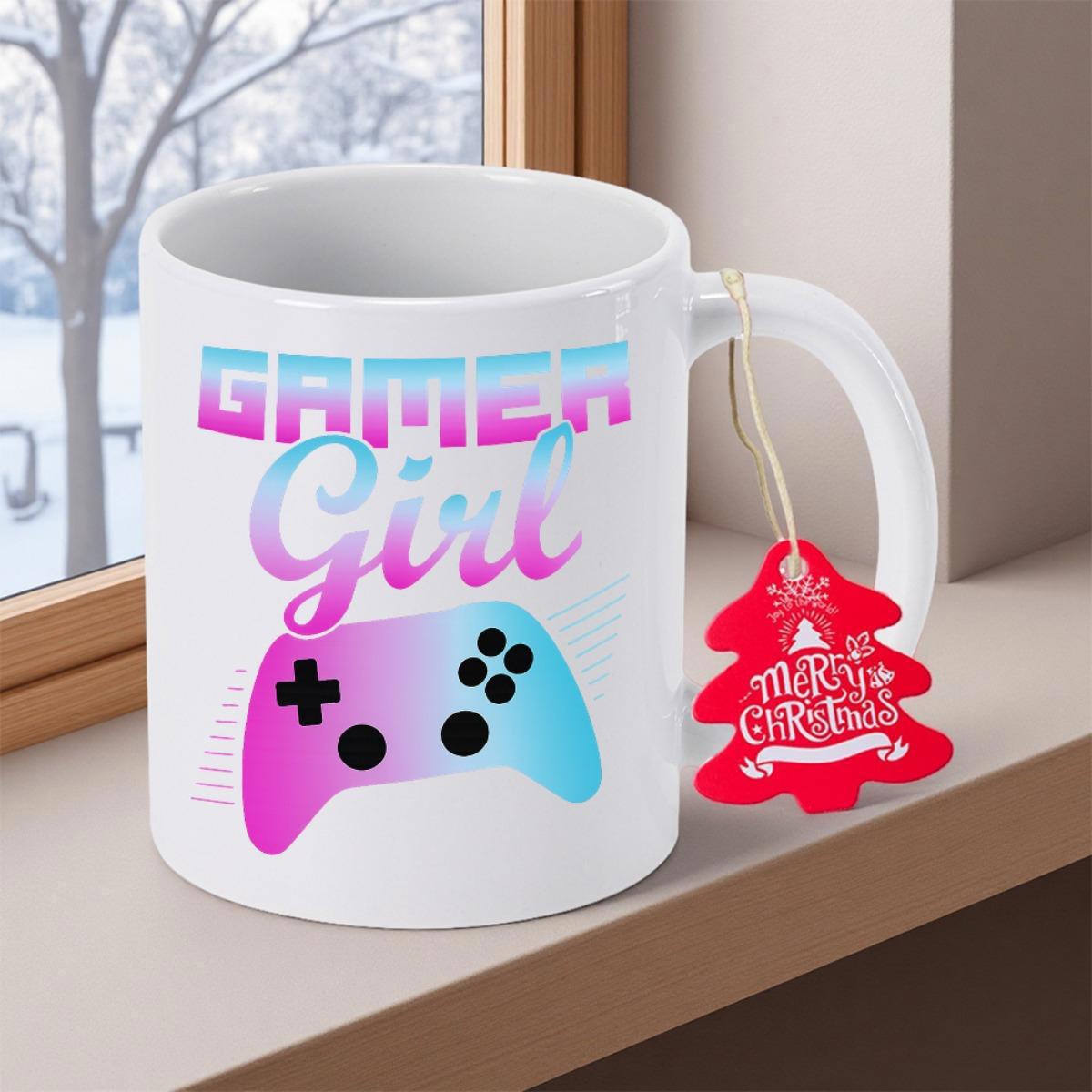 Tailorly White Ceramic 11 oz Mug - Gamer Girl Vibrant Pink And Blue Gradient Video Game Console Controller