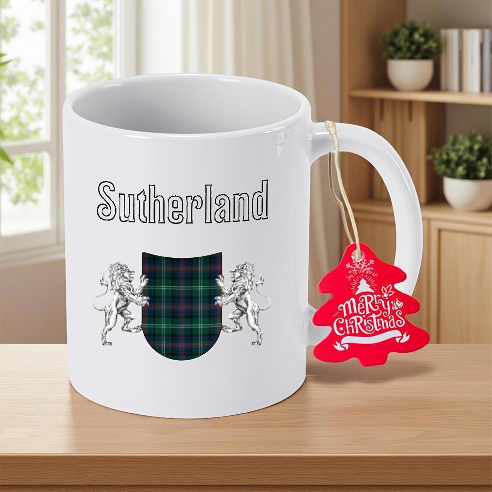 Tailorly White Ceramic 11 oz Mug - Sutherland Traditional Heraldic Lions Standing Beside A Classic Tartan Plaid Pattern Mug