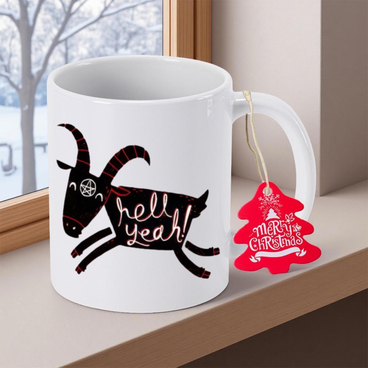 Tailorly White Ceramic 11 oz Mug - Hell Yeah Playful Black Satanic Goat With Pentagram Horns Running In Joyful Motion Goat