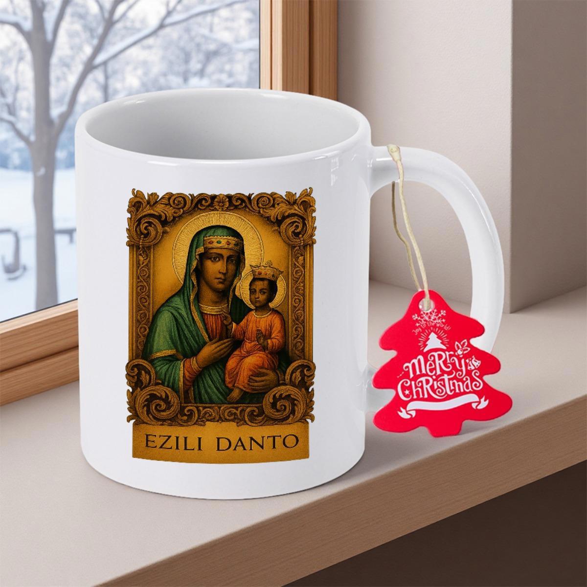 Tailorly White Ceramic 11 oz Mug - Ezili Danto Sacred Madonna With Child Within Ornate Golden Frame Icon