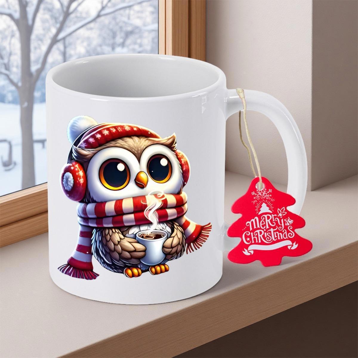 Tailorly White Ceramic 11 oz Mug - Merry Christmas Adorable Small Owl Wearing Winter Scarf And Hat Holding Warm Cocoa Owl