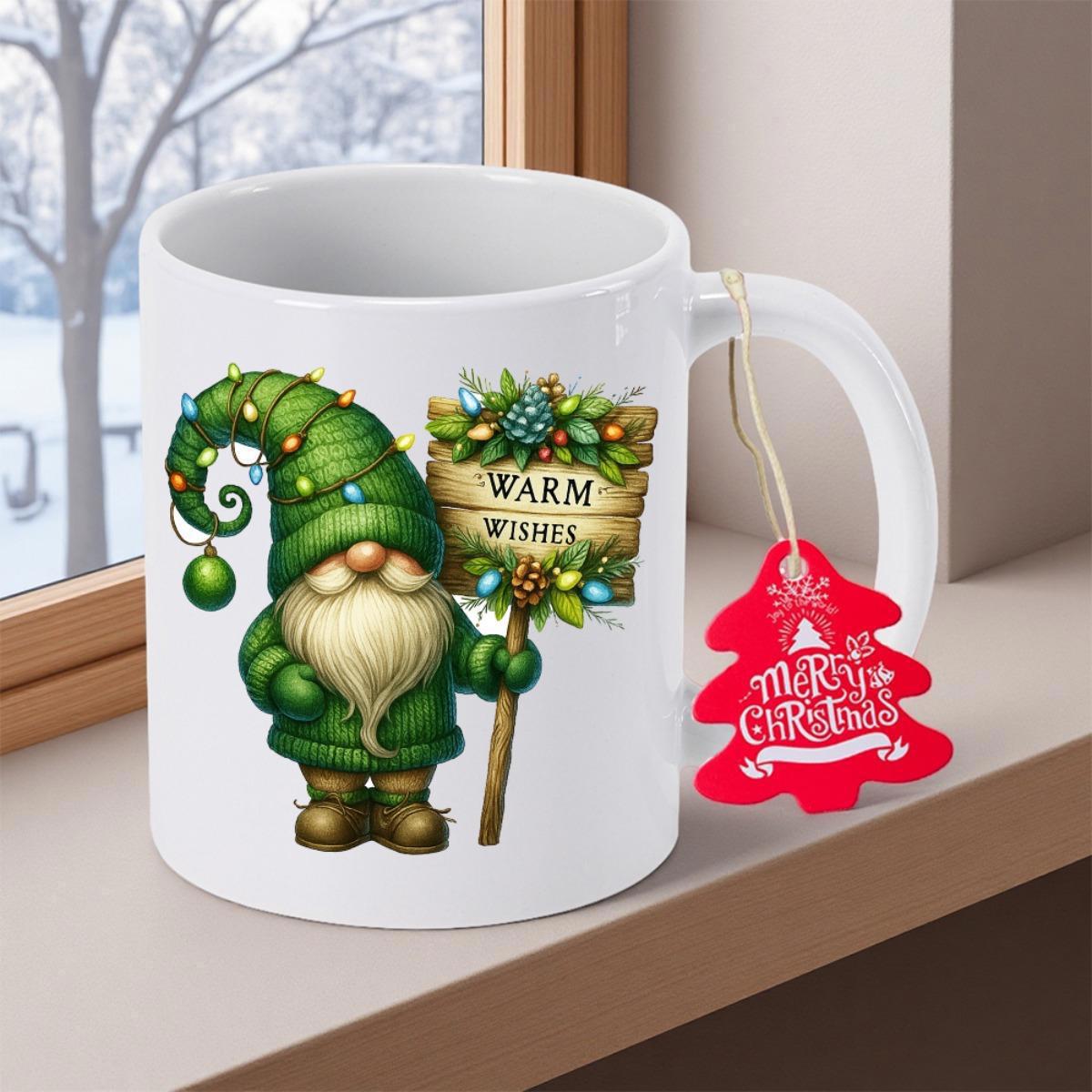 Tailorly White Ceramic 11 oz Mug - Warm Wishes Festive Christmas Gnome Holding Decorative Wooden Seasonal Sign Gnome