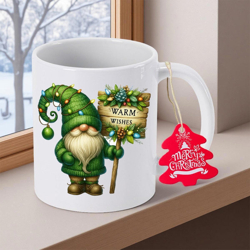Tailorly White Ceramic 11 oz Mug - Warm Wishes Festive Christmas Gnome Holding Decorative Wooden Seasonal Sign Gnome