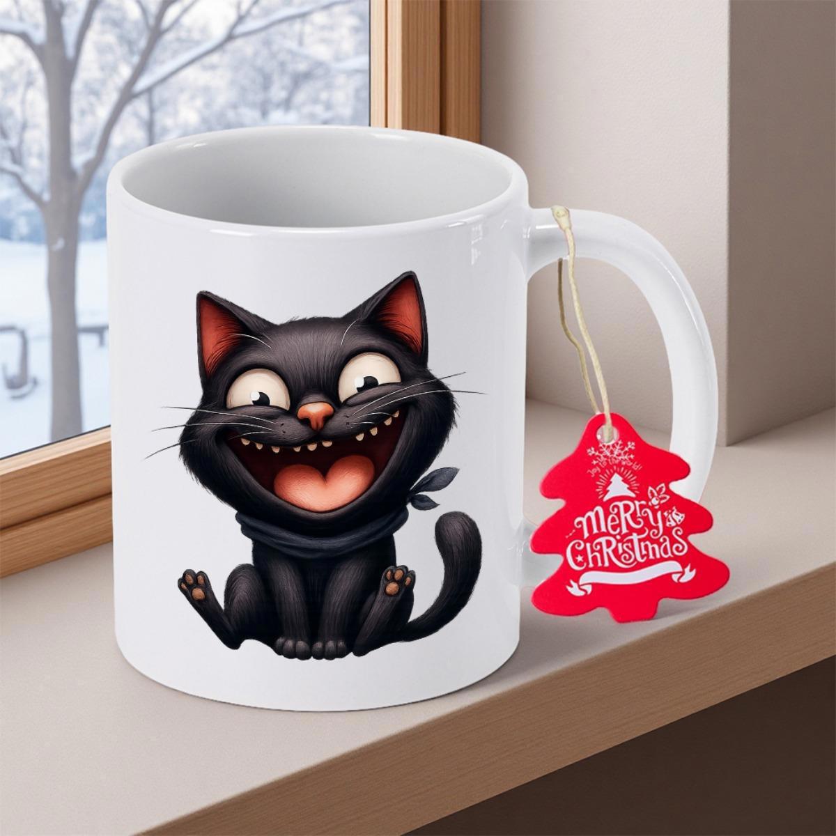 Tailorly White Ceramic 11 oz Mug - Merry Christmas Cheerful Cartoon Black Cat With Wide Toothy Grin And Blue Scarf Cat