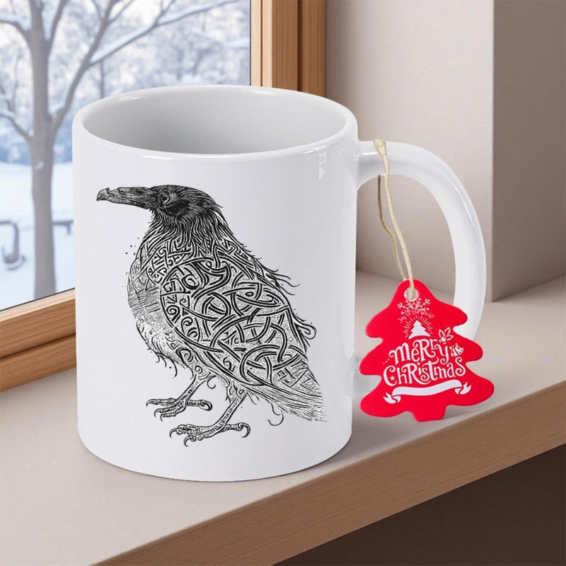 Tailorly White Ceramic 11 oz Mug - Merry Christmas Hand Drawn Black Ink Celtic Knotwork Pattern Artistic Mystical Crow