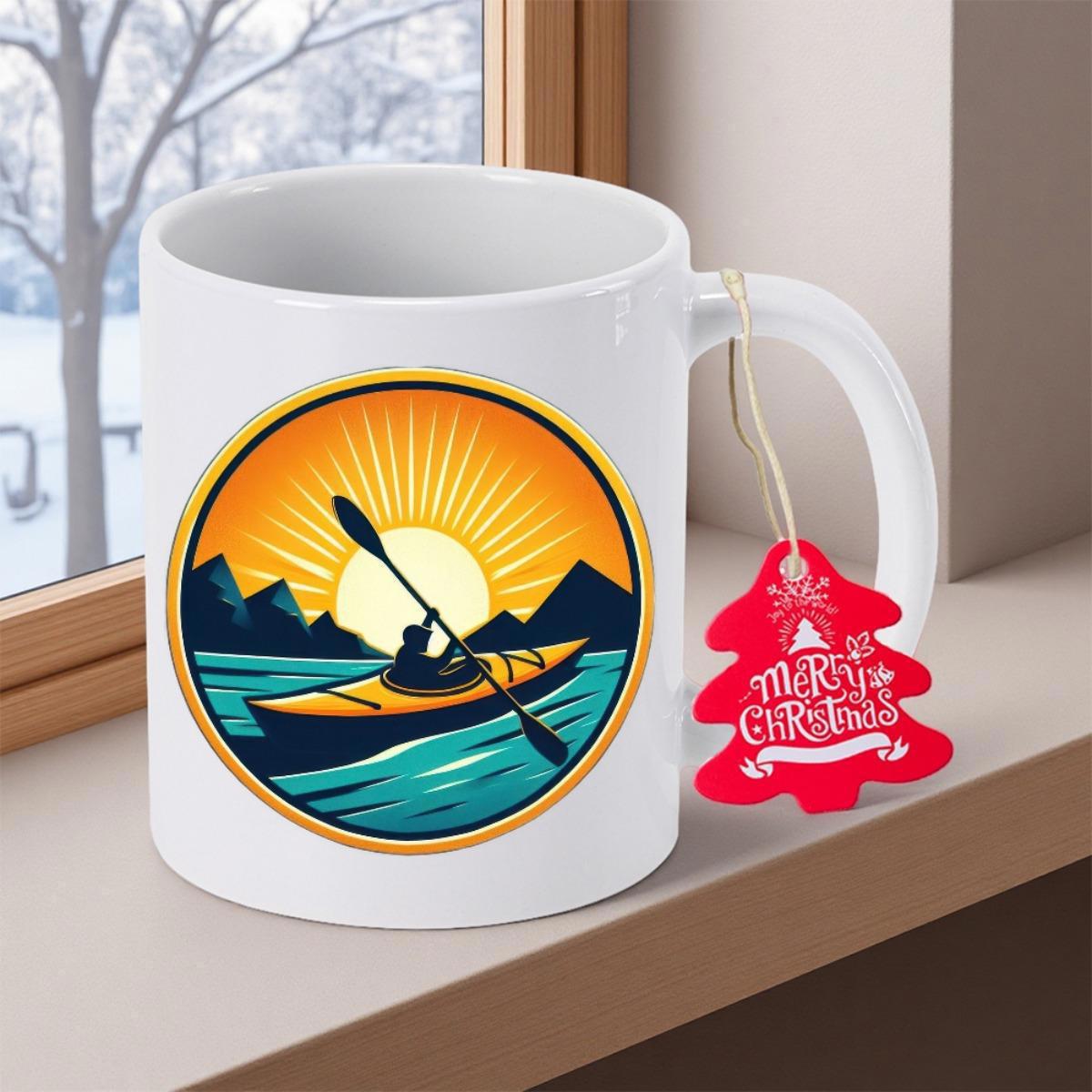 Tailorly White Ceramic 11 oz Mug - Merry Christmas Adventurous Person Paddling Through Calm Waters Under A Golden Glowing Sun Kayak