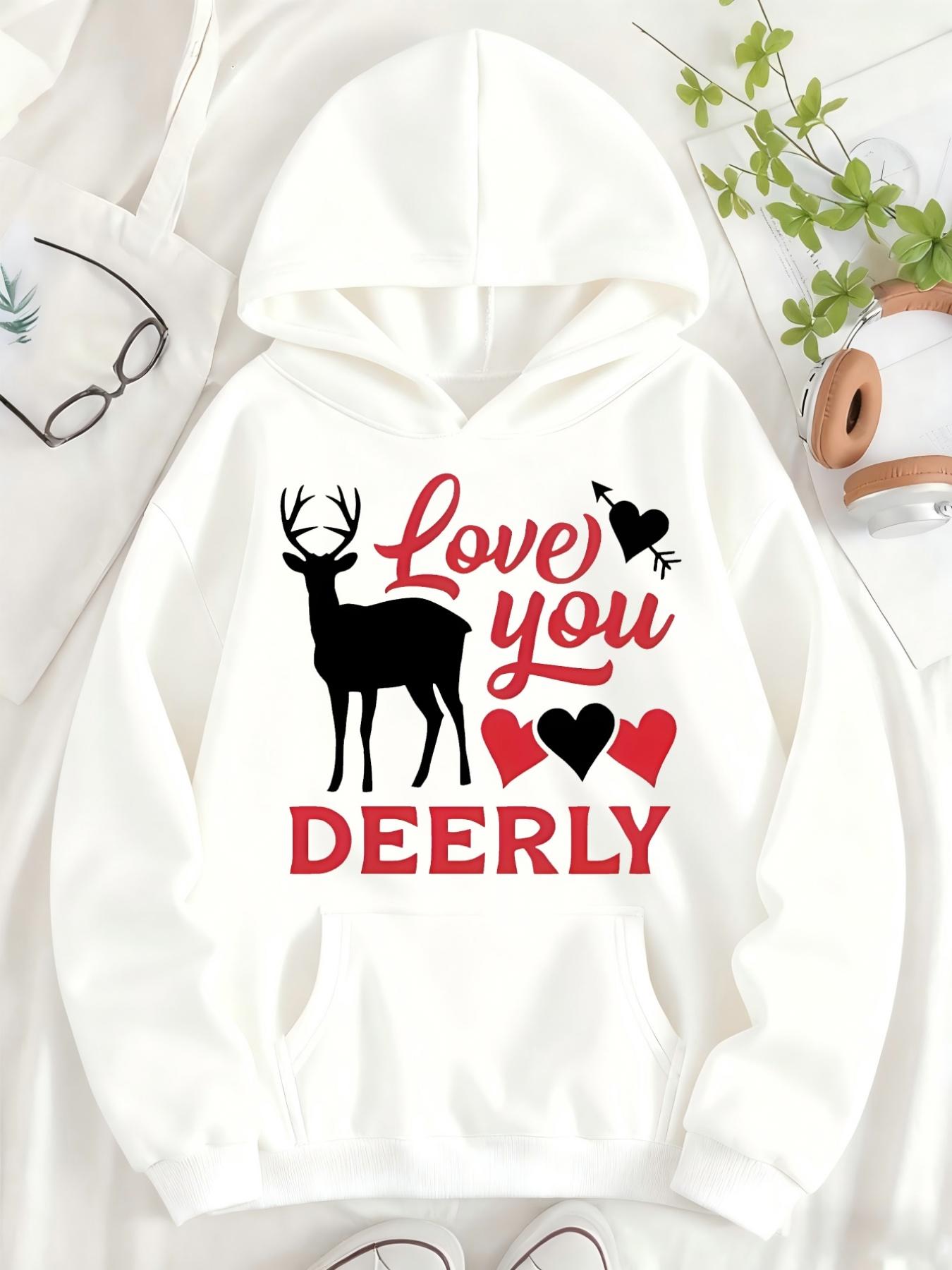 Tailorly Women's Printed Hoodie - Love You Surrounded By Hearts With Playful Silhouette Deer