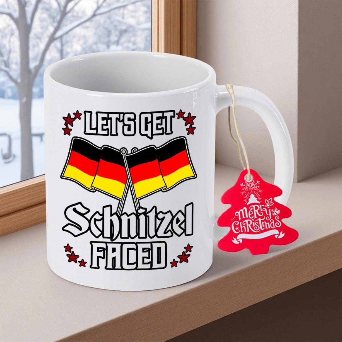 Tailorly White Ceramic 11 oz Mug - Lets Get Schnitzel Faced Two Crossed German National Banners Surrounded By Decorative Red Stars Flag