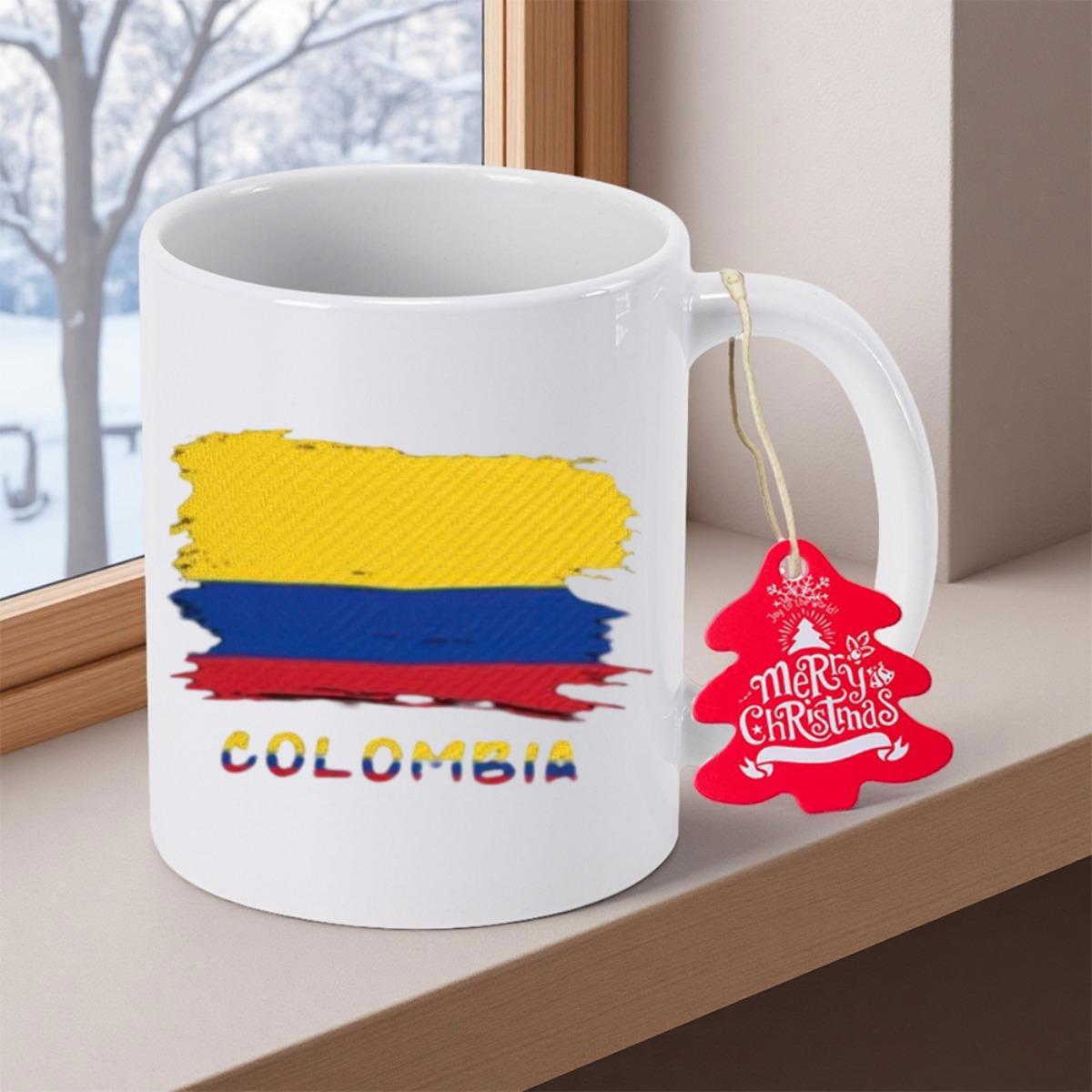 Tailorly White Ceramic 11 oz Mug - Colombia Merry Christmas Vibrant Artistic Brushstroke Colors Representing National Pride And Heritage Flag