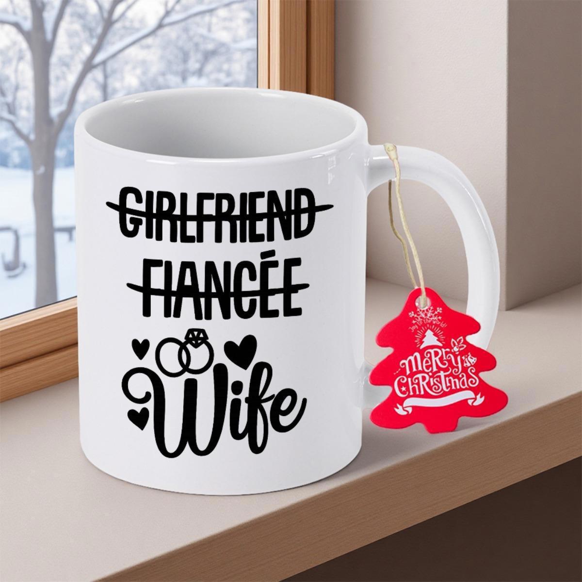 Tailorly White Ceramic 11 oz Mug - Girlfriend Fiancee Wife Relationship Status Progression Featuring Interlocking Rings With Delicate Hearts Accenting Script Mug