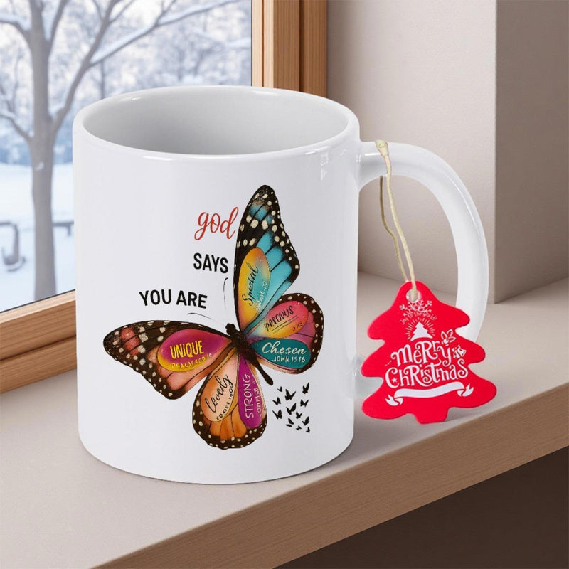 Tailorly White Ceramic 11 oz Mug - God Says You Are Vibrant Watercolor Wings Featuring Graceful Scripted Words Amidst Small Fluttering Silhouettes Butterfly