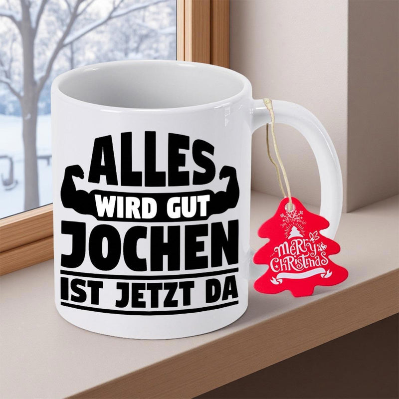 Tailorly White Ceramic 11 oz Mug - Merry Christmas Strong Silhouettes Of Flexing Muscular Arms With Bold Typography Bicep