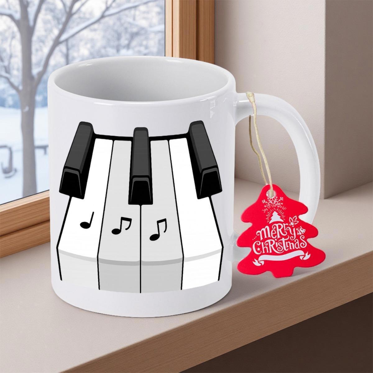 Tailorly White Ceramic 11 oz Mug - Merry Christmas Artistic Musical Keys With Floating Notes Under Soft Window Light Piano