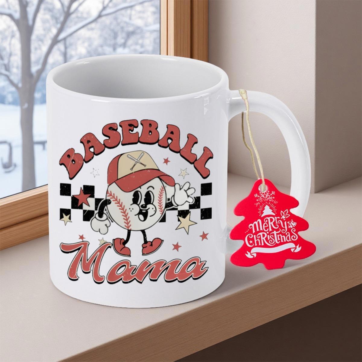 Tailorly White Ceramic 11 oz Mug - Baseball Mama Retro Cartoon Wearing Red Hat With Checkered Background Stars Character