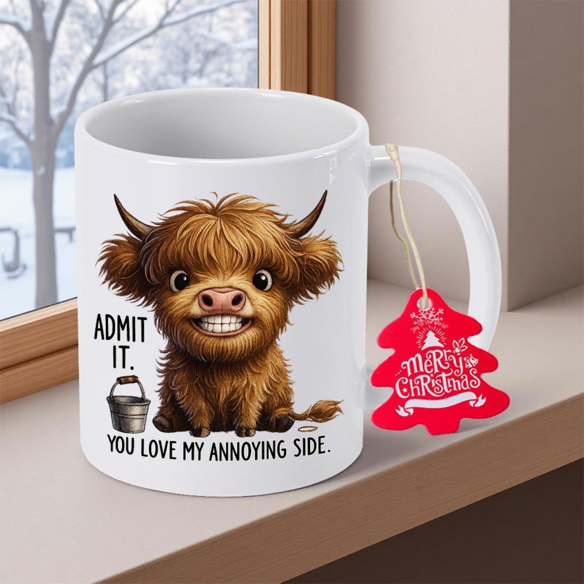 Tailorly White Ceramic 11 oz Mug - Admit It You Love My Annoying Side Fluffy Brown Fur With Tiny Horns And Big Charming Smile Cow