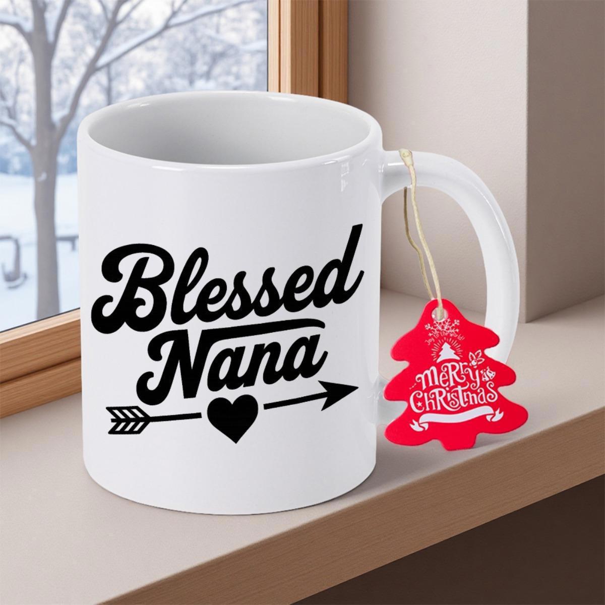 Tailorly White Ceramic 11 oz Mug - Blessed Nana Merry Christmas Elegant Script Typography With Decorative Heart Arrow On Minimalist