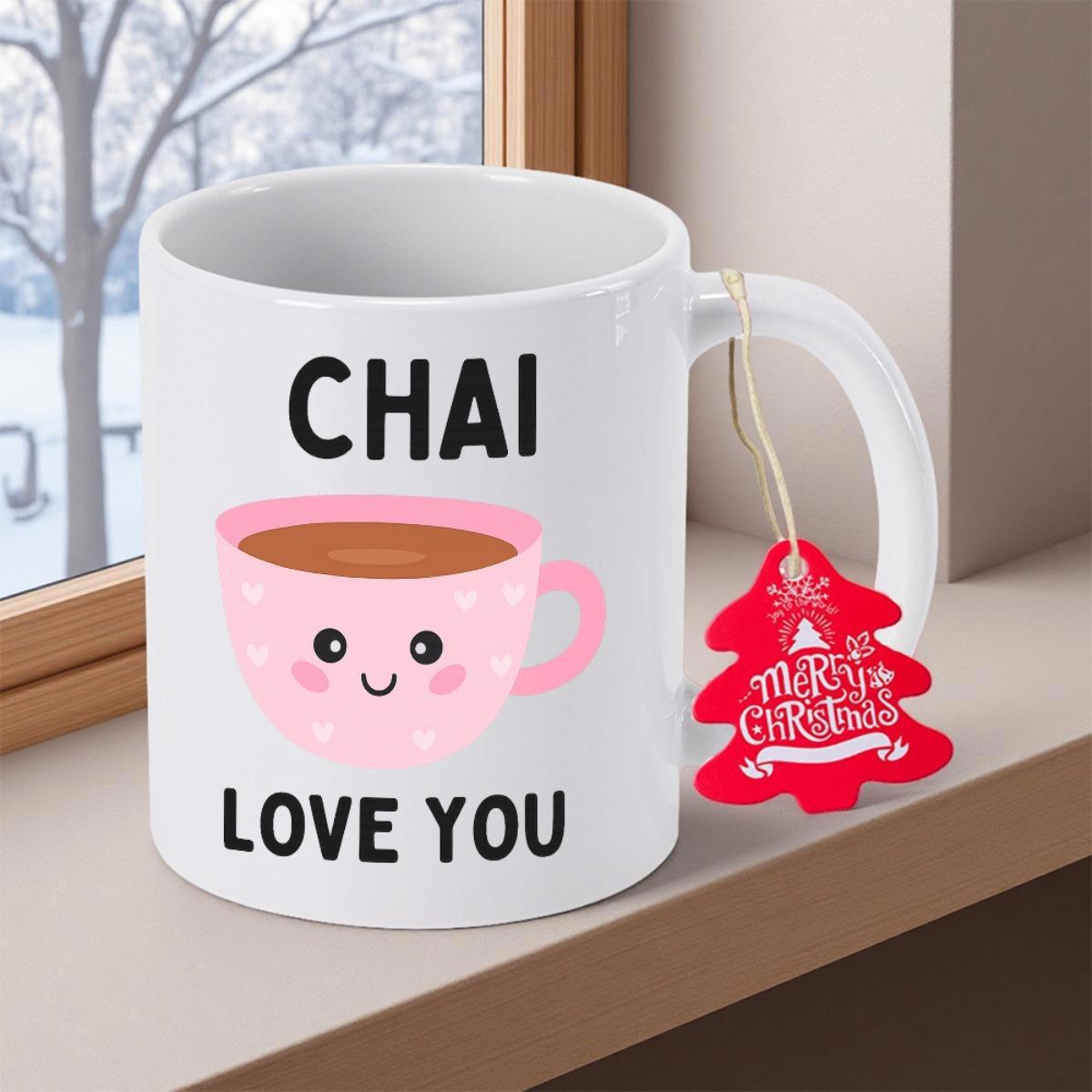 Tailorly White Ceramic 11 oz Mug - Chai Love You Merry Christmas Cute Smiling Pink Tea Cup With Polka Dots And Bold Black Lettering Mug