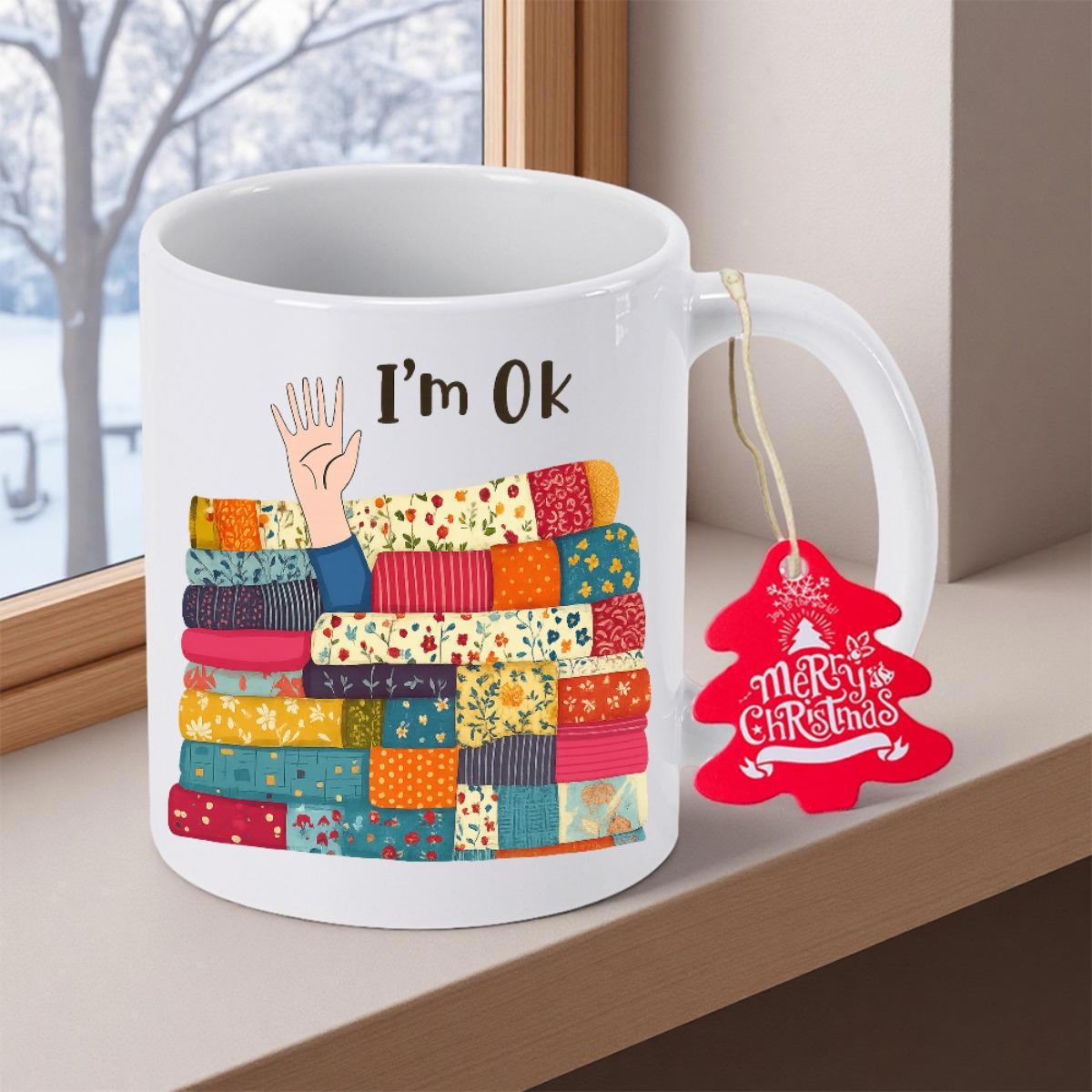 Tailorly White Ceramic 11 oz Mug - Im Ok Merry Christmas Hand Reaching Out From Vibrant Stack Of Colorful Patterned Decorative Hardcover Books