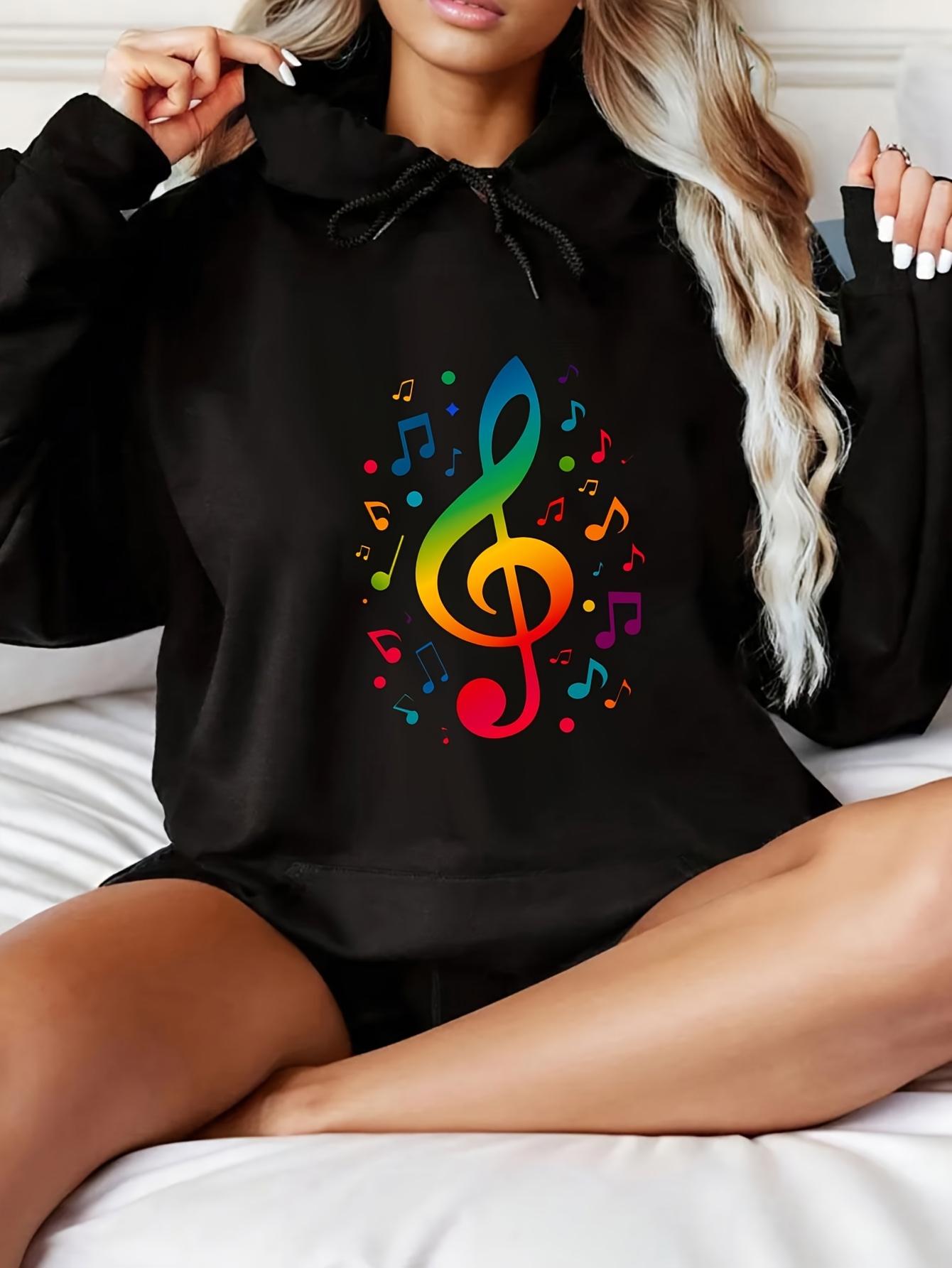 Tailorly Women's Printed Hoodie - Colorful Musical Notes Swirling Around Vibrant Treble Clef Symbol Hoodie