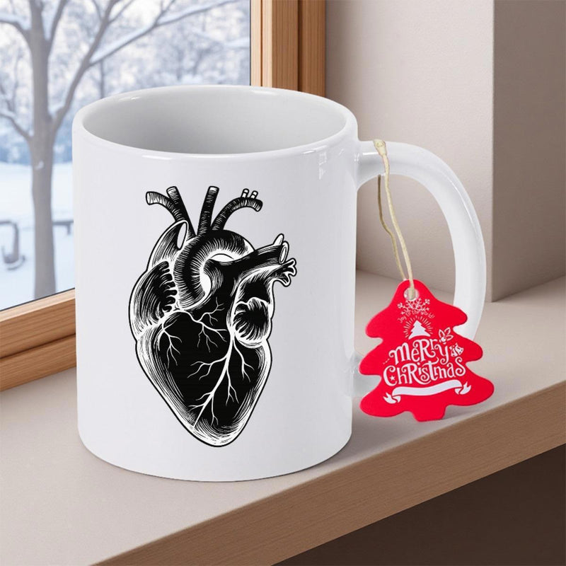 Tailorly White Ceramic 11 oz Mug - Merry Christmas Detailed Scientific Anatomical Human Organ Illustration In Black Ink Style Heart