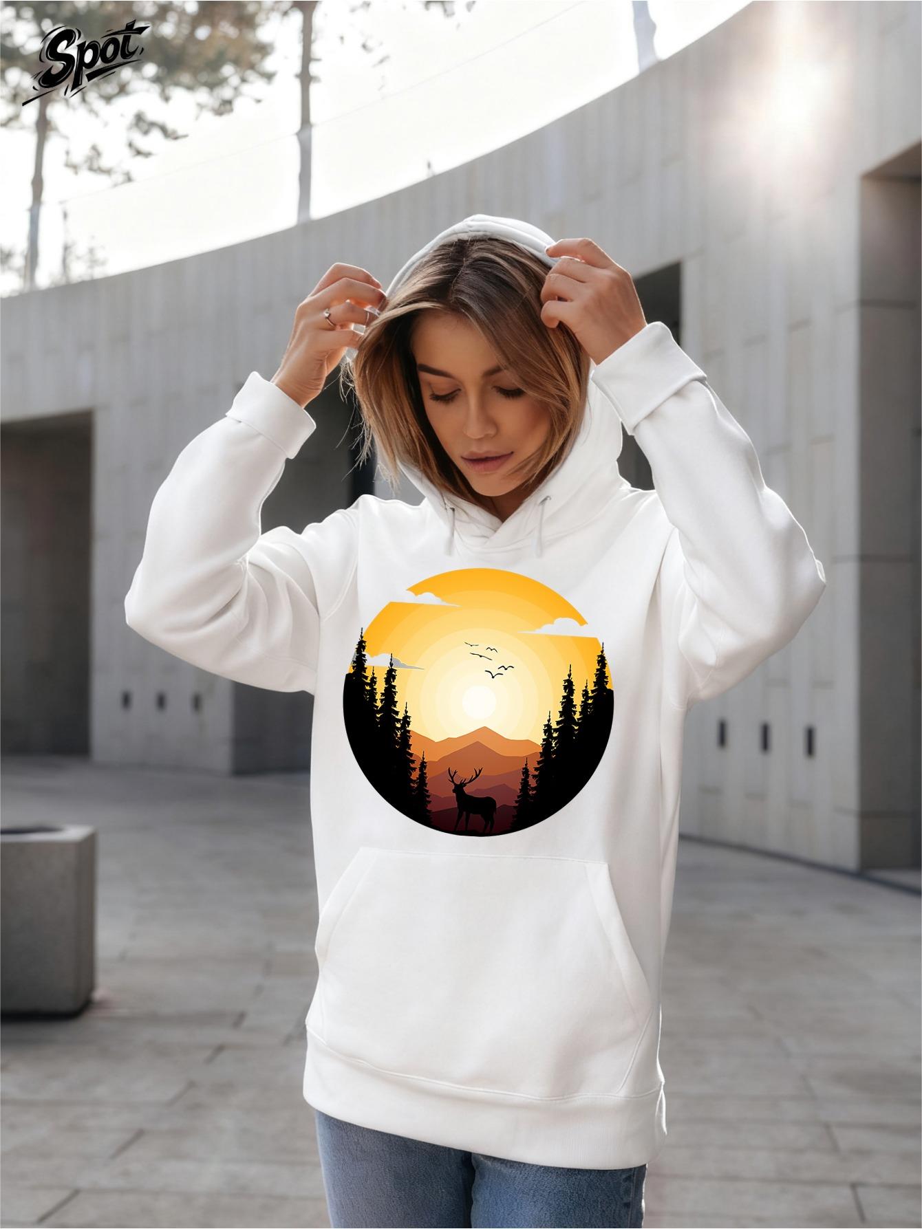 Tailorly Women's Printed Hoodie - Golden Sunset Sky With Forest Silhouette And Majestic Flying Birds Deer
