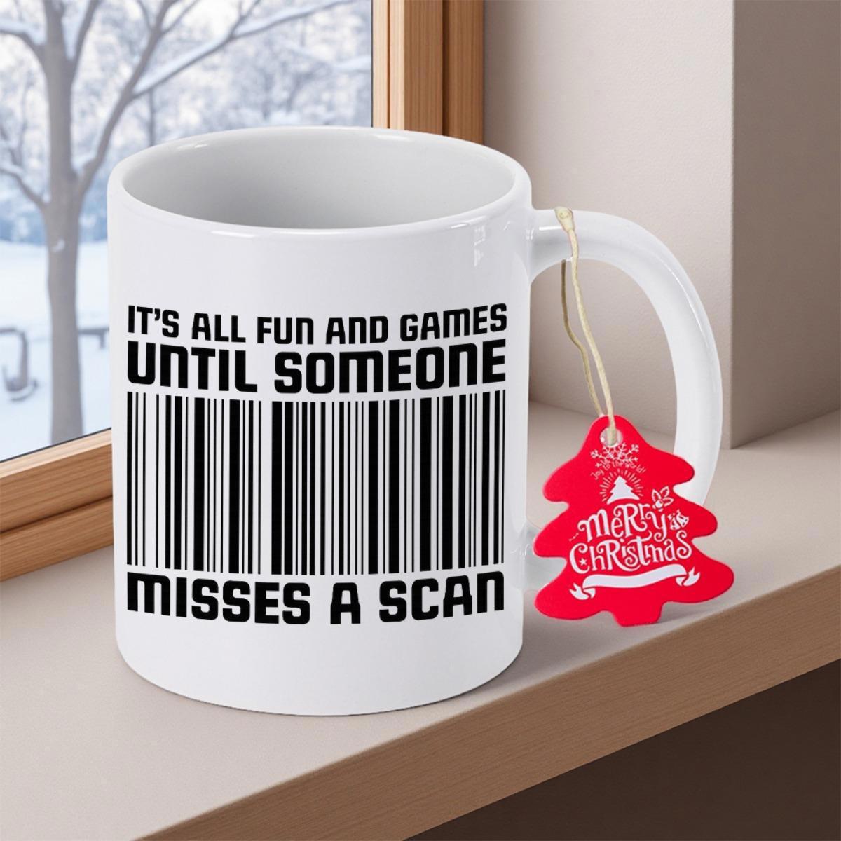 Tailorly White Ceramic 11 oz Mug - Its All Fun And Games Until Someone Misses A Scan Bold Industrial Black Lines On White Minimalist Barcode