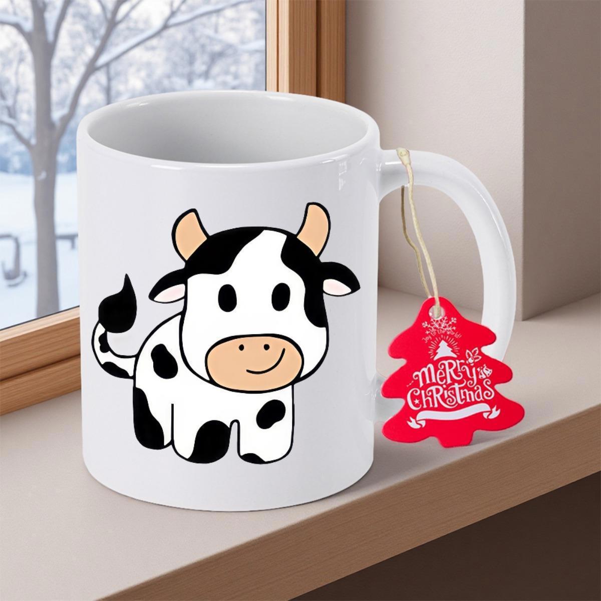 Tailorly White Ceramic 11 oz Mug - Merry Christmas Smiling Cartoon Cow With Cute Spots And Small Horns Standing Cow