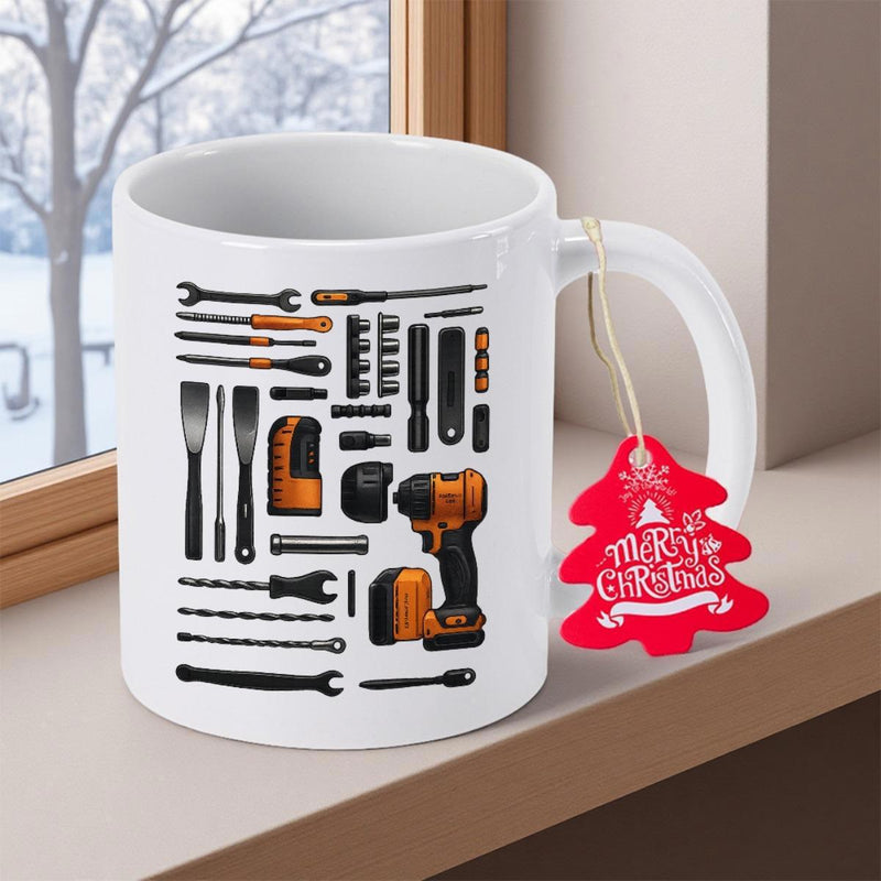 Tailorly White Ceramic 11 oz Mug - Merry Christmas Neatly Organized Various Handyman Hardware And Workshop Construction Equipment Mug