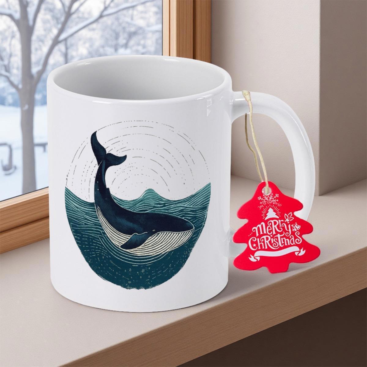 Tailorly White Ceramic 11 oz Mug - Merry Christmas Majestic Sea Creature Swimming Through Artistic Deep Blue Textured Ocean Waves Whale
