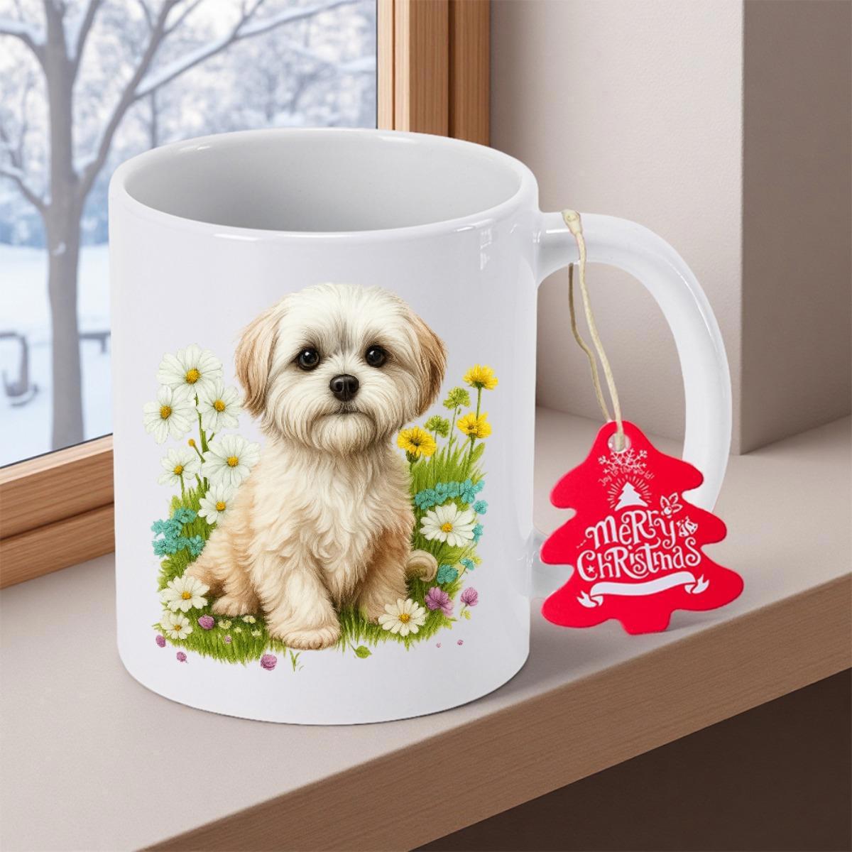 Tailorly White Ceramic 11 oz Mug - Merry Christmas Fluffy White Puppy Sitting Peacefully Among Colorful Spring Garden Flowers Dog