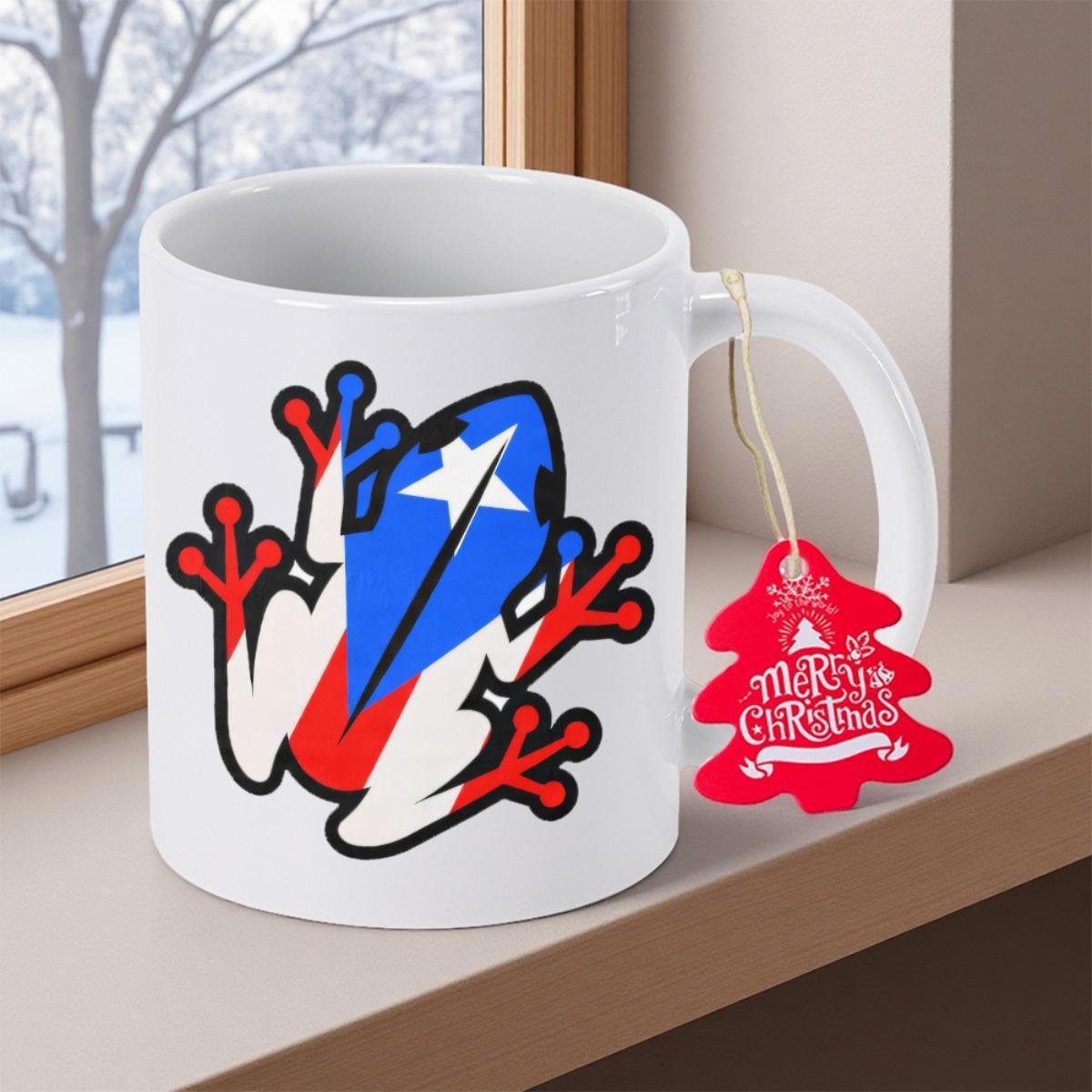 Tailorly White Ceramic 11 oz Mug - Merry Christmas Vibrant Puerto Rican Flag Pattern Stylized Coqui In Bold Red White Blue Frog
