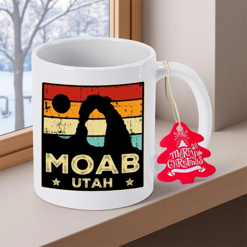 Tailorly White Ceramic 11 oz Mug - Moab Utah Vintage Retro Sunset Over Silhouette Of Famous Desert Stone Archway Landscape